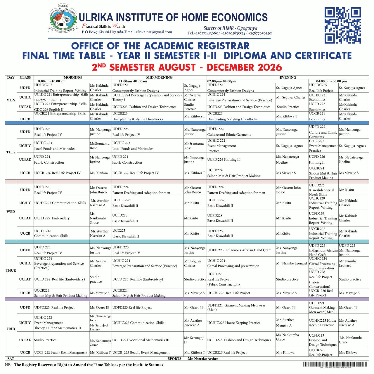 Year II Timetable